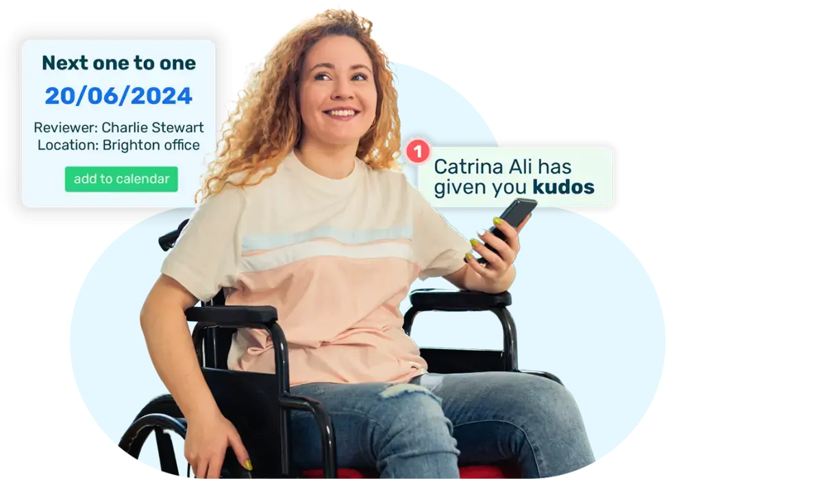 Lady with curly blonde hair in wheelchair smiling with Breathe's performance module interface floating around her