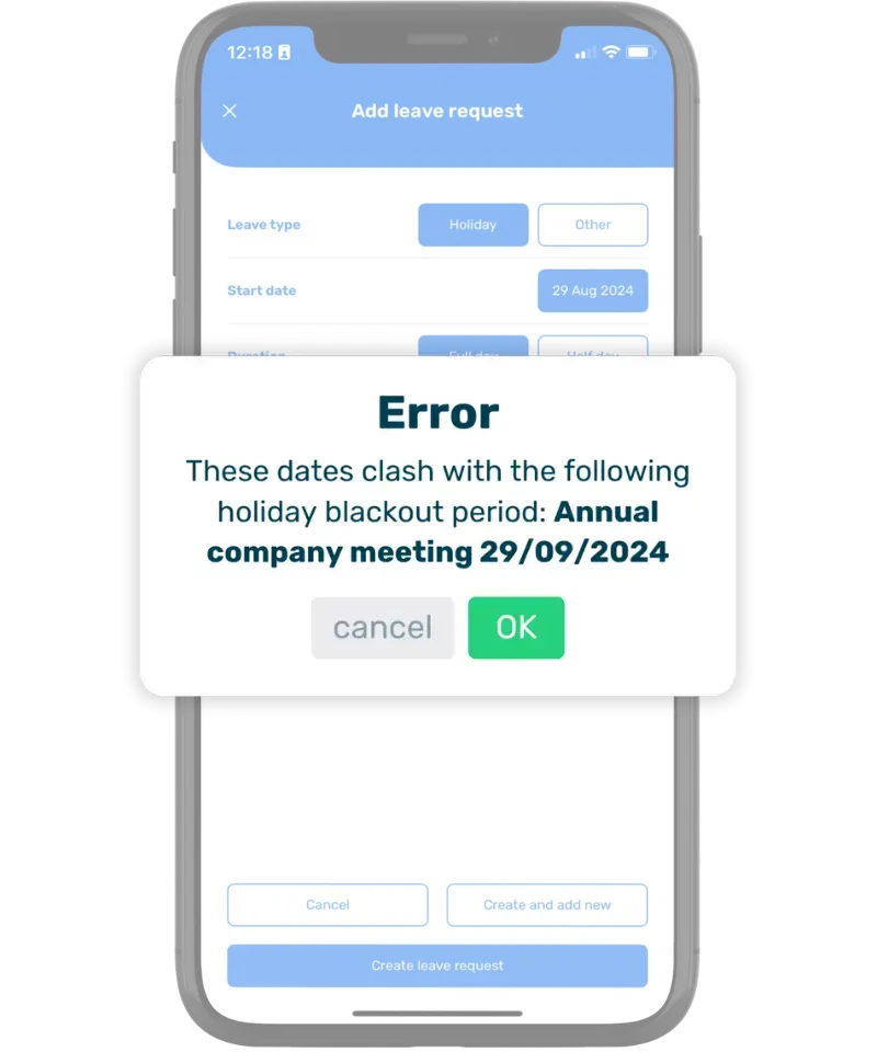 Breathe's mobile app interface with a holiday request being blocked by a company blackout