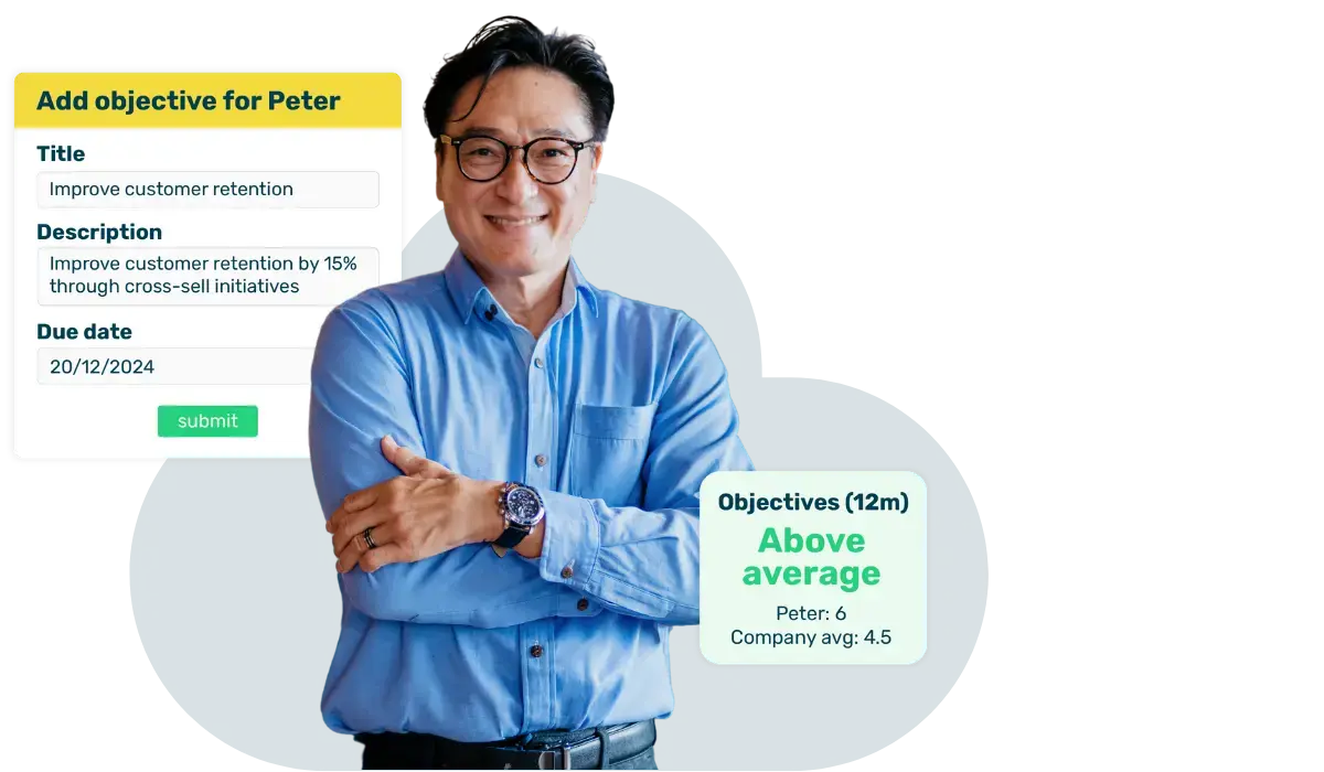 Chinese man wearing blue shirt with Breathe's software interface pop ups floating around him showing a personal objective and objectives for the year