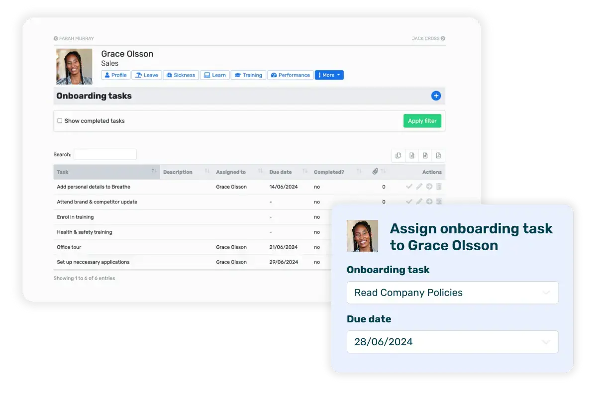 Breathe's HR software interface showing a number of onboarding tasks that have been assigned to a new employee and a pop up assigning them to another