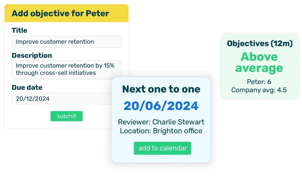 3 boxes showing standout features of Breathe's performance software, including add an objective, your next one-to-one meeting details and objectives