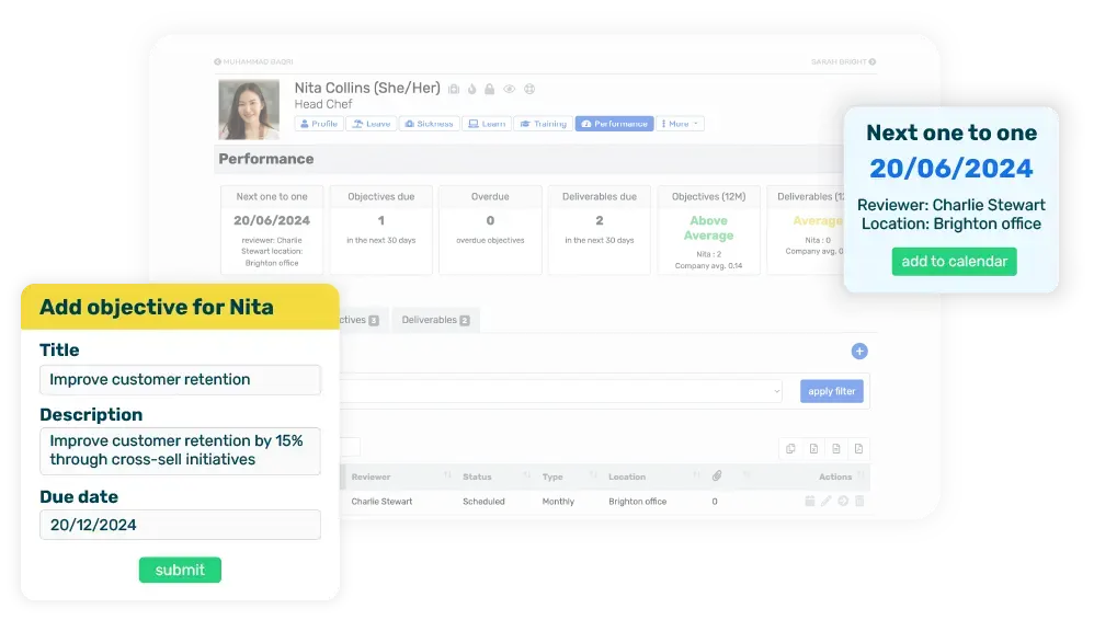 Breathe's HR software interface showing an employee's performance overview with 2 pop ups showing their next one-to-one and adding an objective