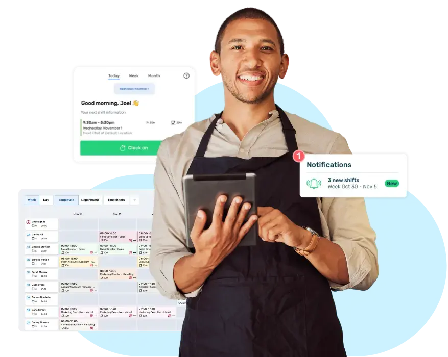 Man in apron holding an ipad with Rota, Time and Attendance software interface surrounding him