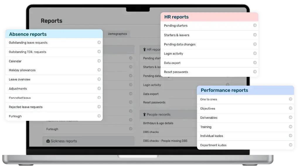 Laptop showing a list of reports available within Breathe's HR software, with 'Absence reports', 'HR reports' and 'Performance reports' highlighted