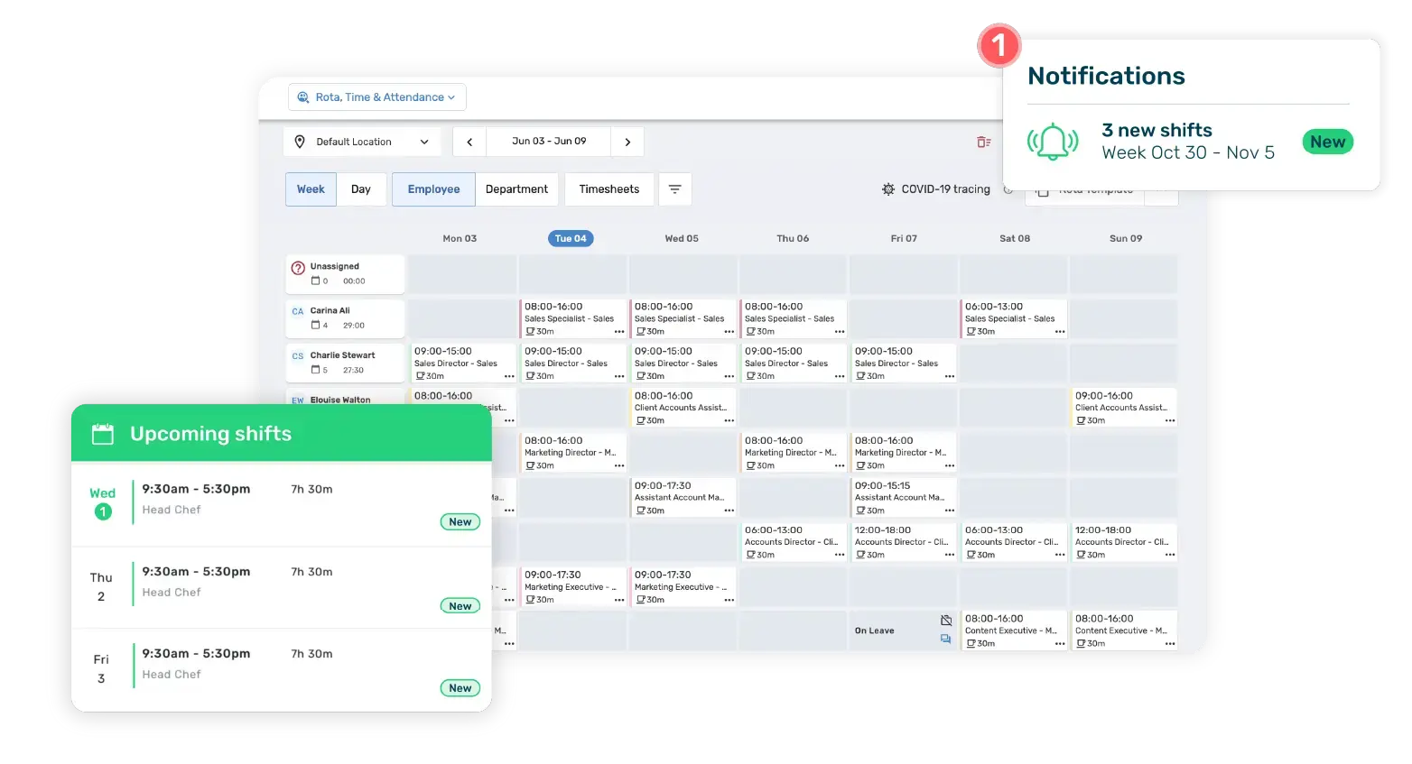 The rota feature on Breathe's charity HR software.