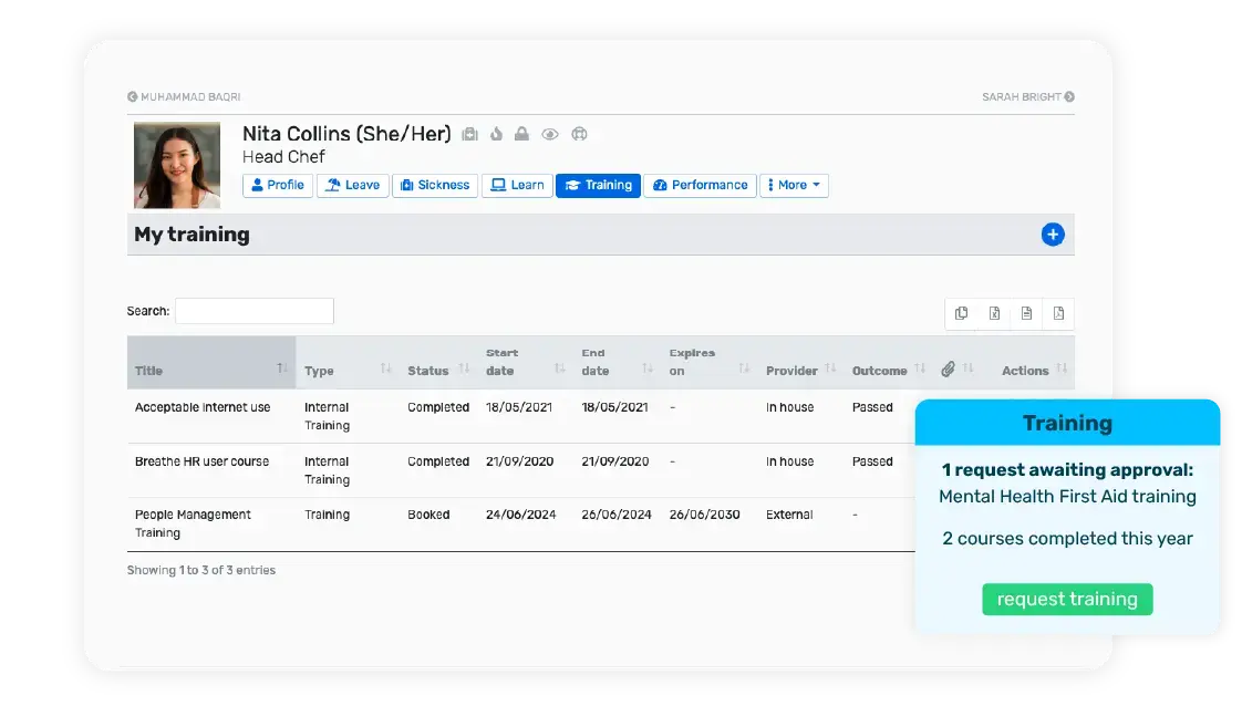 Breathe's HR software interface showing an employee's training overview with a pop up for a training request waiting for managerial approval