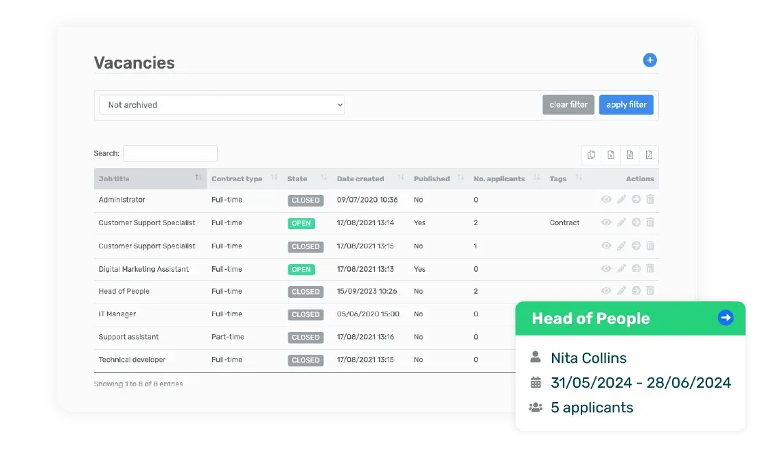 Breathe's HR software interface showing the recruitment module and all vacancies with a pop up of a current open vacancy for 'Head of People'