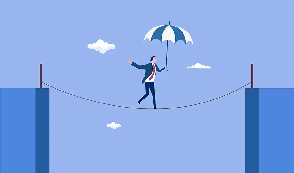 An animated image against a purple background shows a man in a suit holding an umbrella walking on a tightrope in the sky, between two buildings.