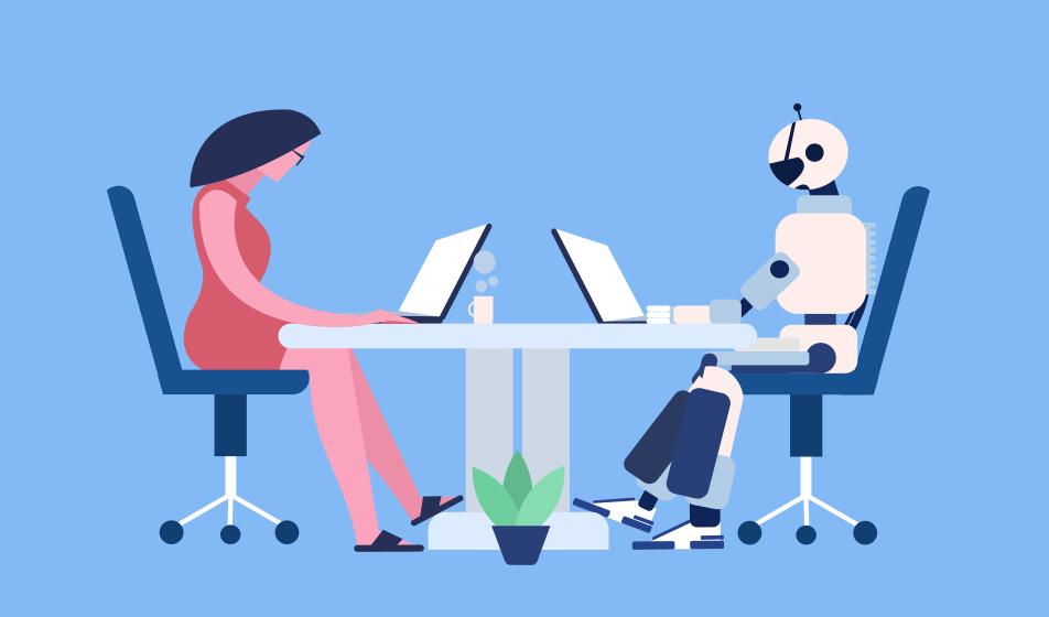 An animated image is shown, with a woman and a robot working opposite each other at desks