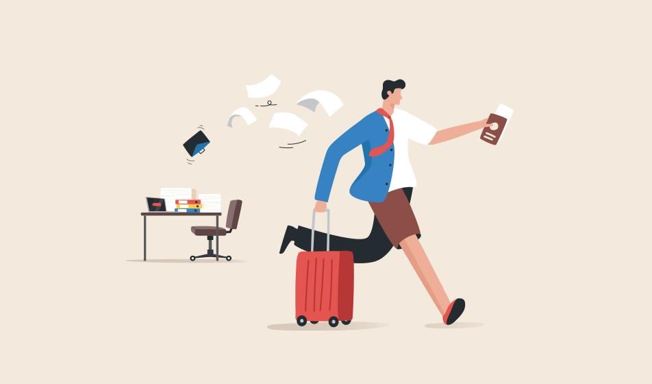 Animated image shows a man walking away from his desk, wheeling a suitcase & carrying a passport. 
