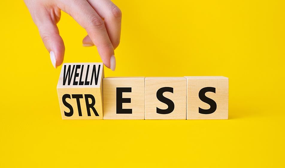Wooden blocks are shown against a yellow background. The blocks are being turned, to read the word 'wellness' instead of 'stress'. 