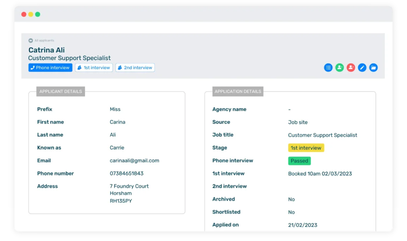The recruitment feature in Breathe's charity HR software.