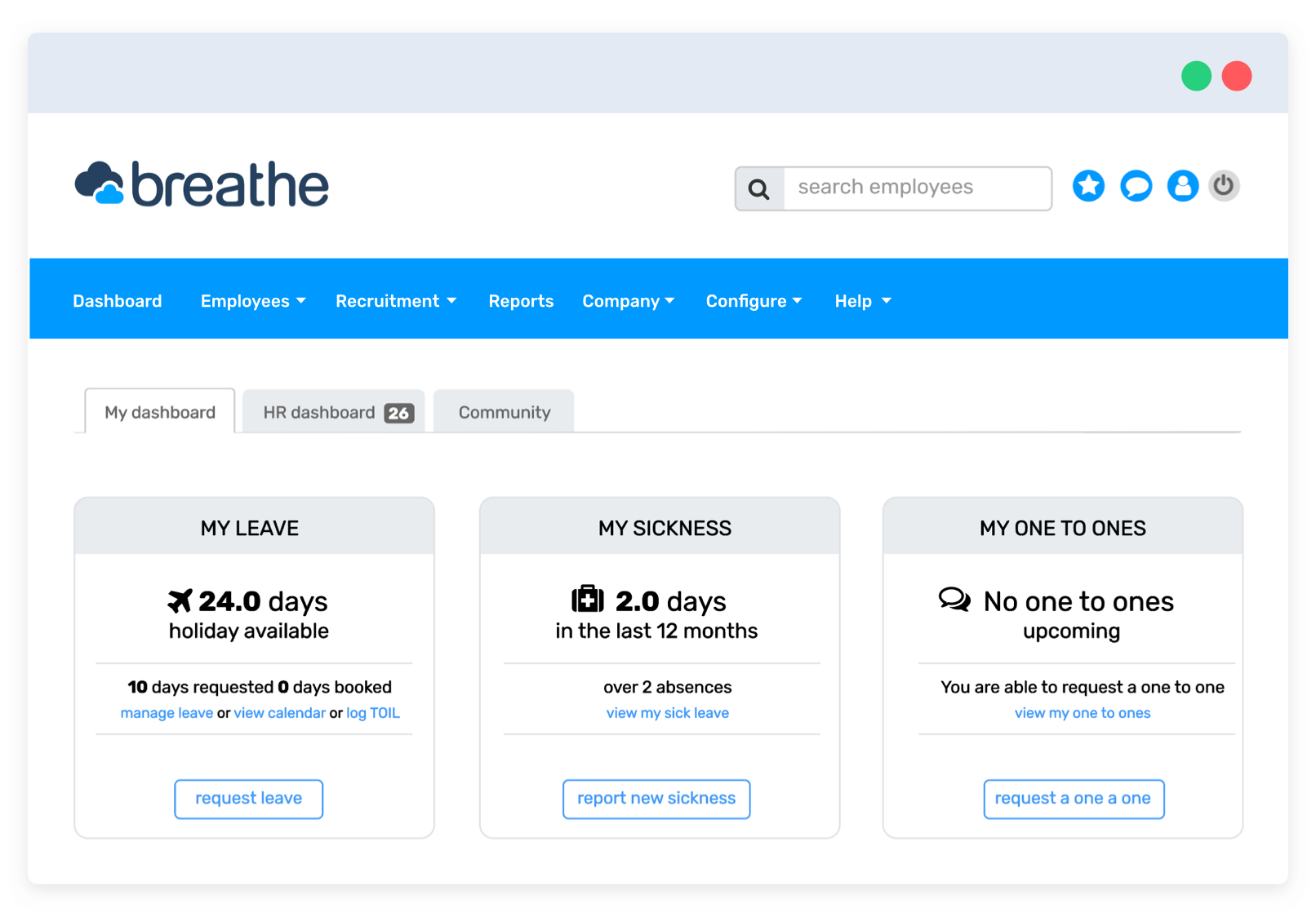 An image showing a personal dashboard on Breathe's software.
