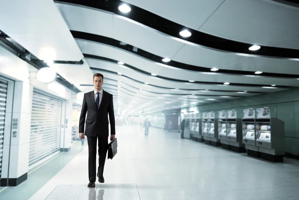 A man in a business suit is walking through a white-walled subway and facing towards the camera. He is holding a briefcase and is walking past some ticket machines.