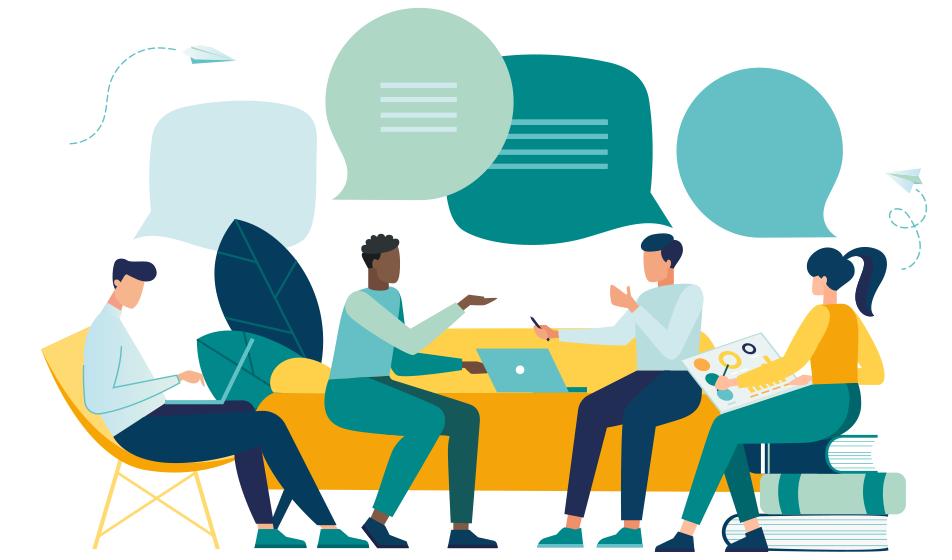 Animated image shows a group of colleagues in a work environment sitting down & communicating via the speech bubbles above their heads. 