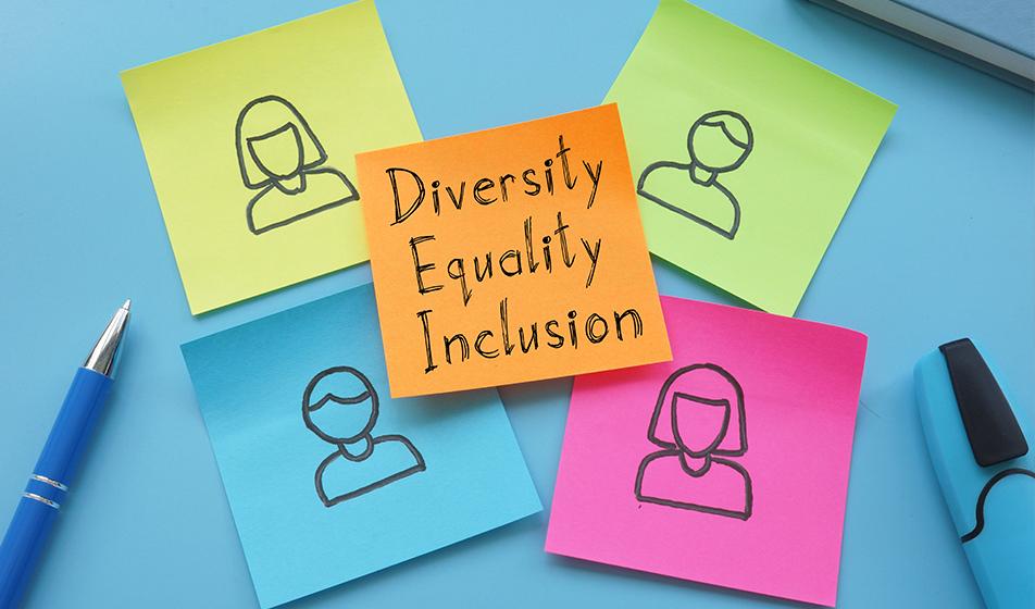 Colourful post-it notes are shown on a desk. The central one reads, 'diversity, equality, inclusion". 