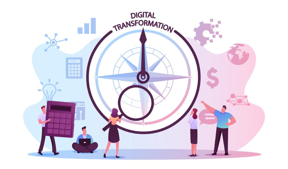 An animated image is shown with a large compass in the centre, reading 'digital transformation' above. People are looking at it with graphs and calculators surrounding them. 