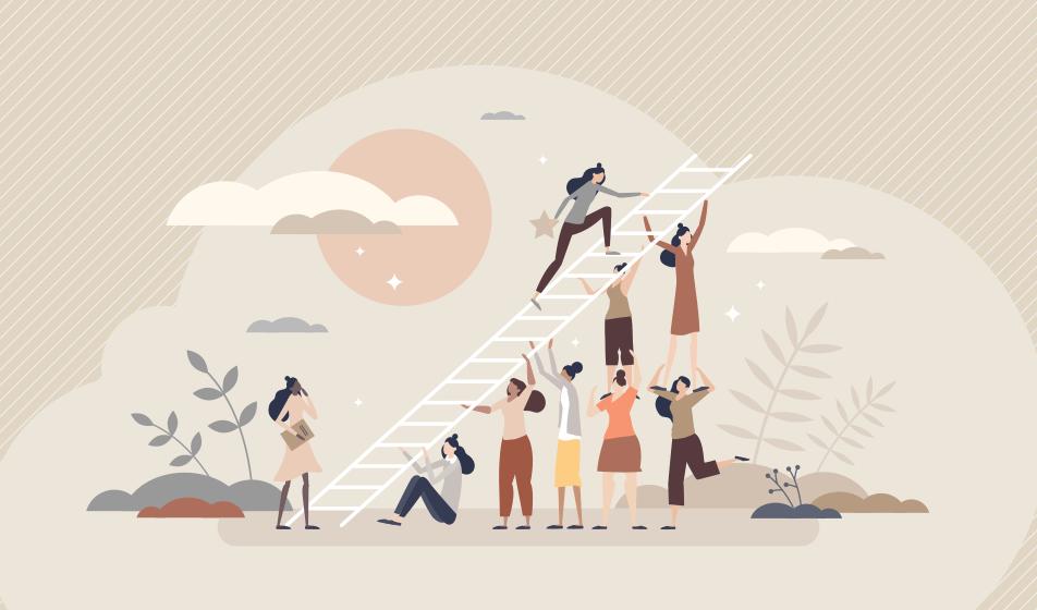 An animated image shows people lifting someone up on a ladder