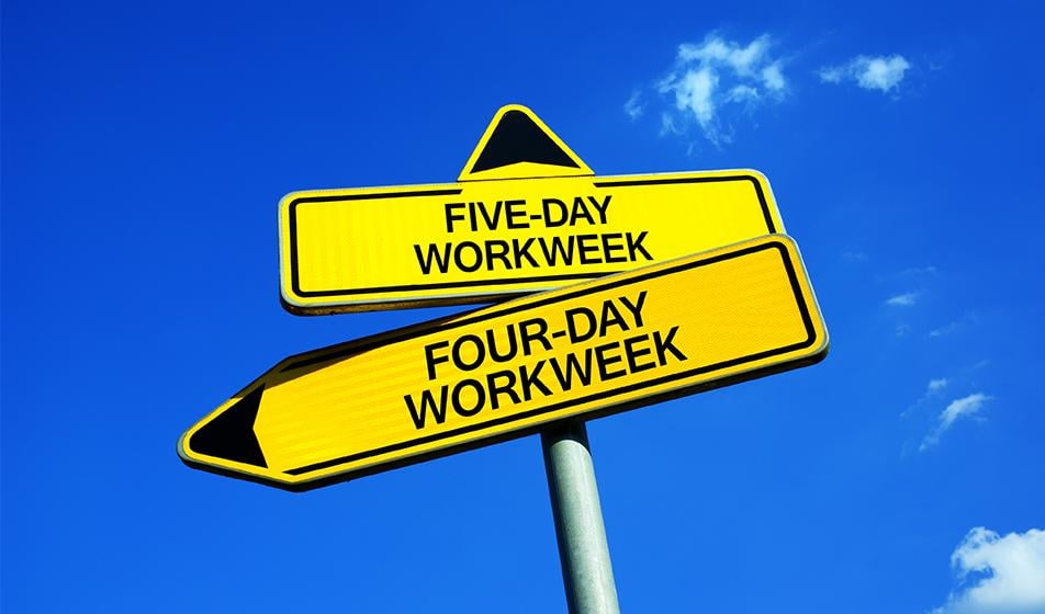 A yellow signpost with two arrows. One arrow points upwards and has the words "five day workweek" written on it in black. The other arrow points left and has the words "four day workweek" written on it in black.
