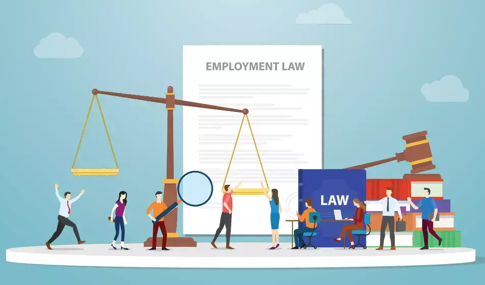 An animation of people surrounded by an oversized scale, law book, magnifying glass, gavel and an employment law letter in the background