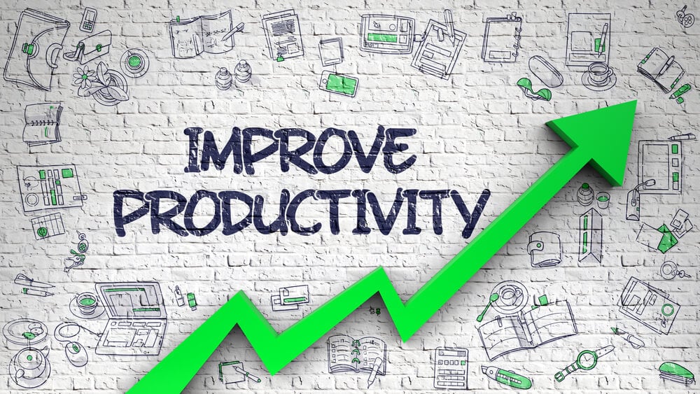 A green arrow is pointing towards the top right corner of the image. In the centre of the image are the words "improve productivity"  written in dark blue capital letters against a white brick wall. Around the edges of the image are drawings of various office supplies such as notebooks and clipboards.