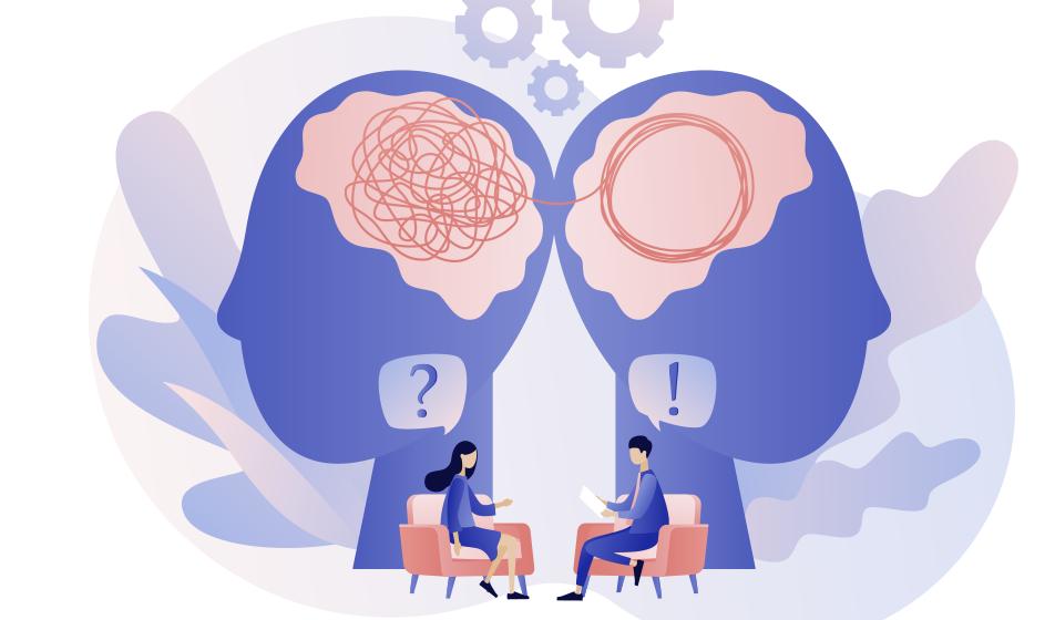An animated, abstract image of two heads and brains is shown, with people sat beneath them, communicating via ? and ! in speech bubbles. 
