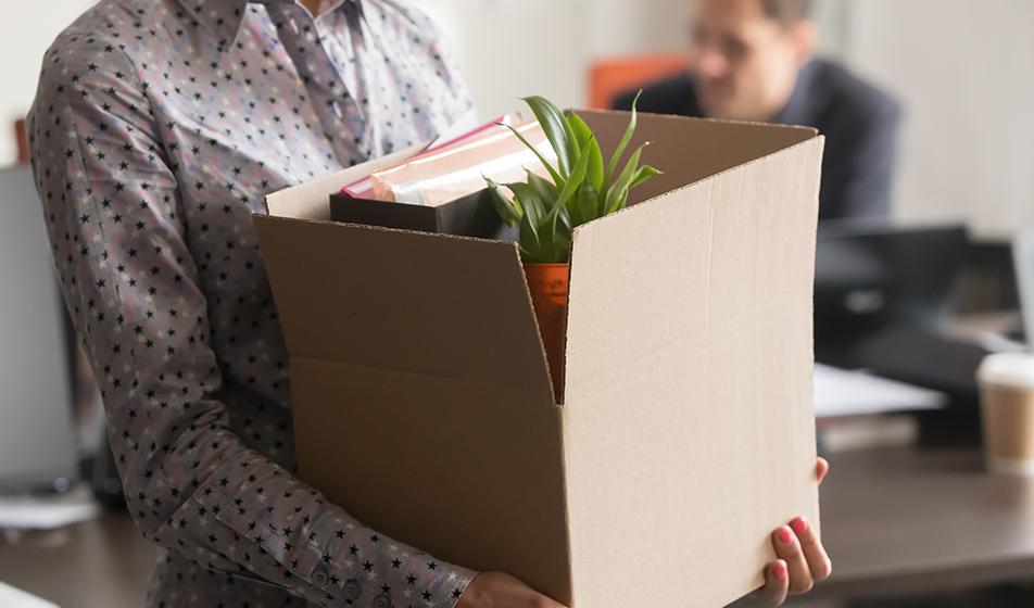 A woman can be seen holding a cardboard box filled with desk belongings and a small plant. Only her arms are shown in the frame. 