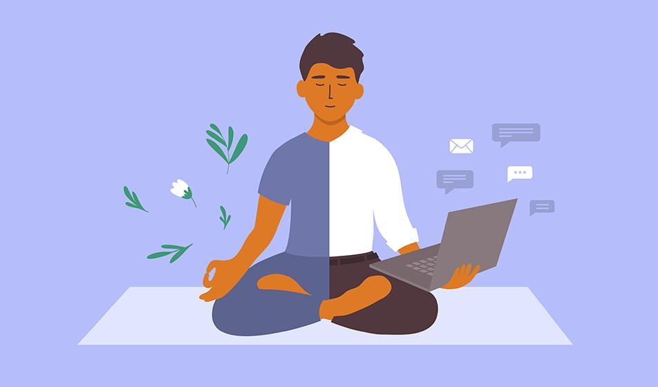 Animated image shows a man meditating against a lilac backdrop. One half of him is dressed in smart clothes, with a laptop emitting message notifications. The other half of him is dressed in casual clothes, with yoga-pose hands and flowers, showing calm imager. This shows the conflict between work-life balance.