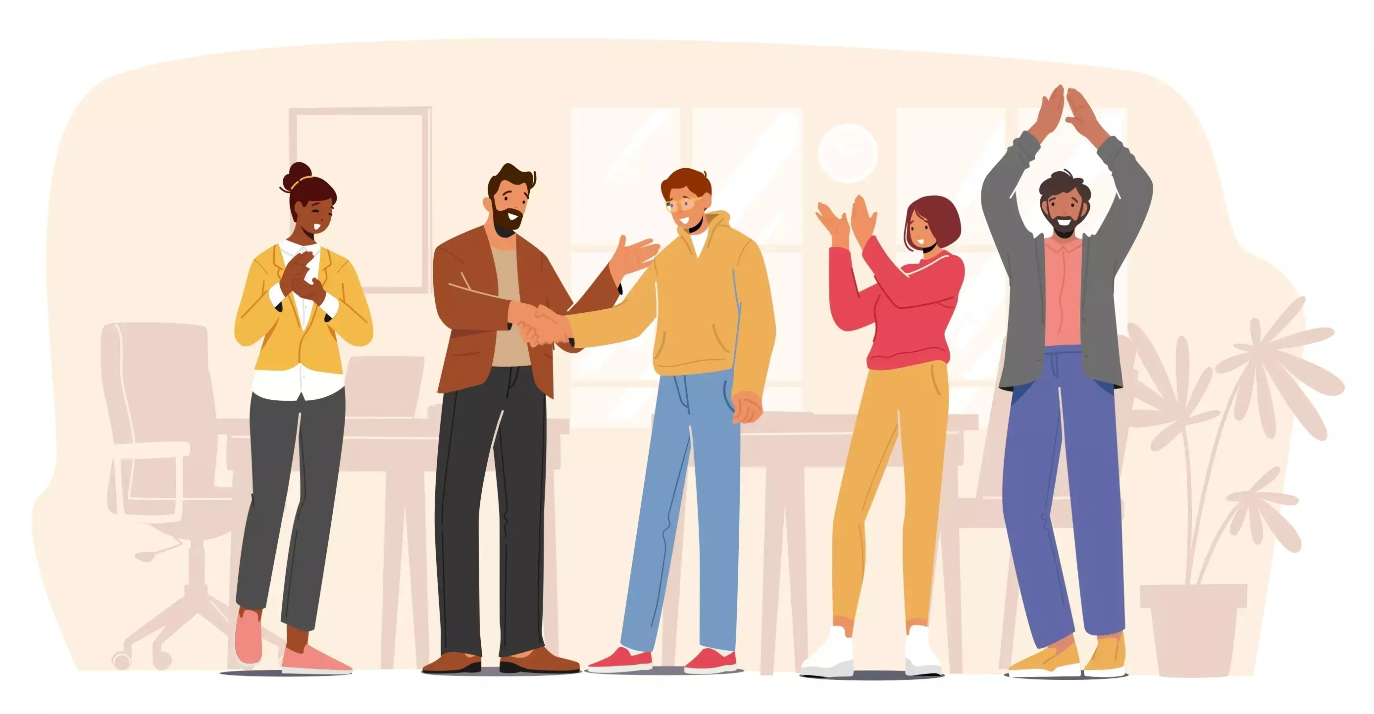 Animated people welcoming someone into a team, smiling, clapping and shaking hands