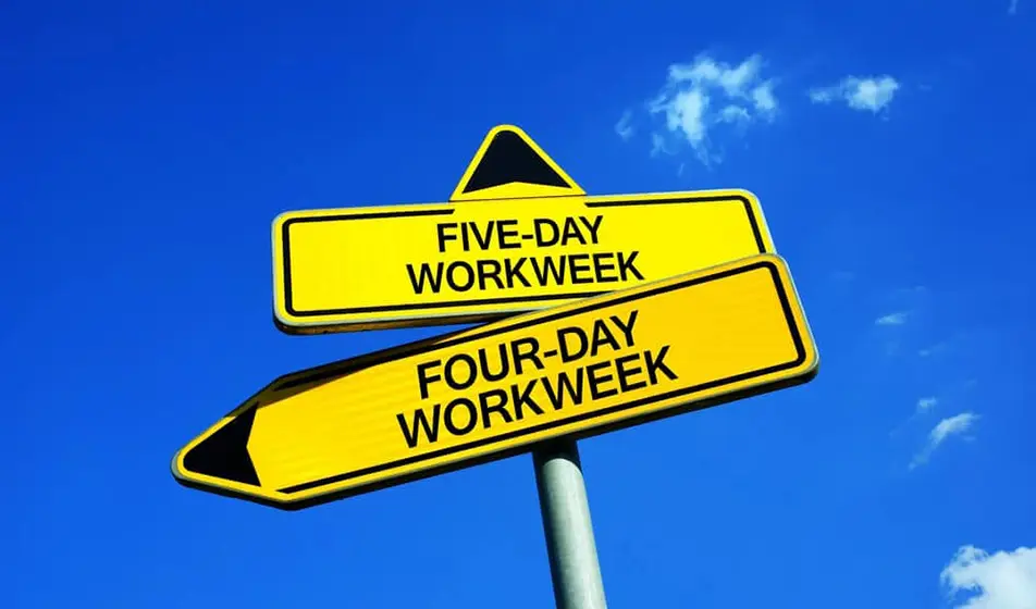 Yellow four-day work week sign set against a blue sky