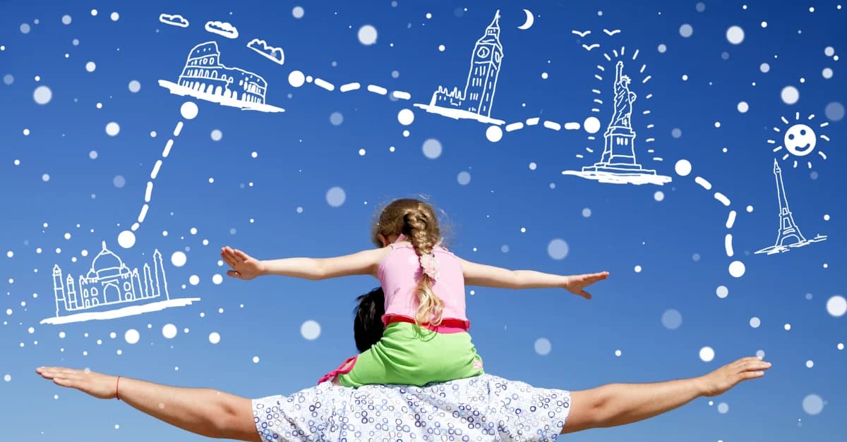 A daughter sat on the shoulders of her father looking up at the sky. The sky is full of star constellations that map out a travel plan to some of the world's most famous tourist destinations such as the eiffel tower.