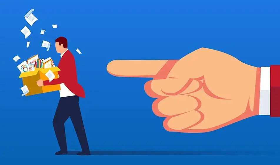 An animated image is shown against a blue background, with a man carrying a box of office desk possessions away. Behind him, a larger-than-life scale hand is pointing him out the door