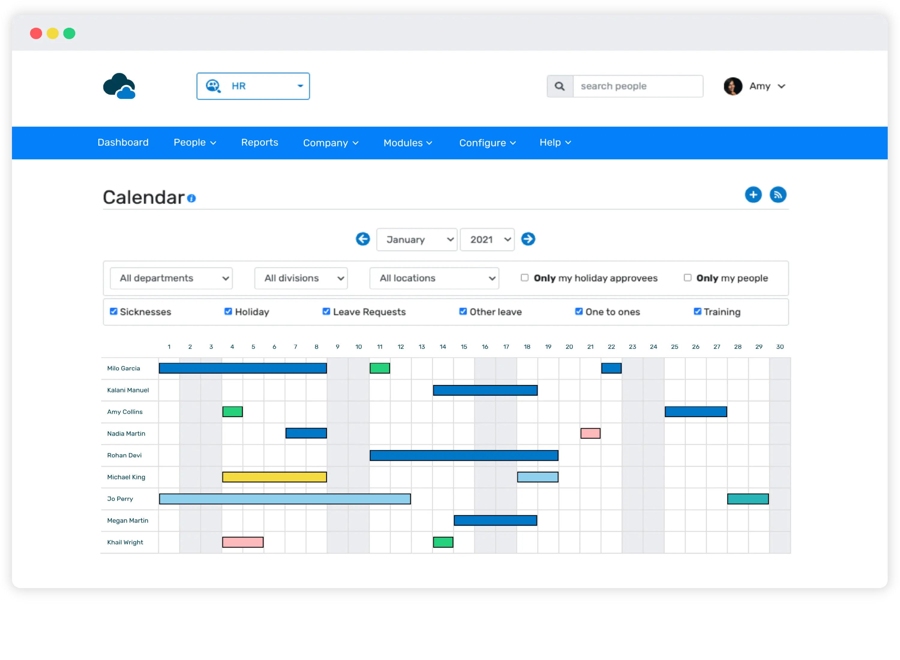 Breathe UI showing the holiday calendar with leave for the next month