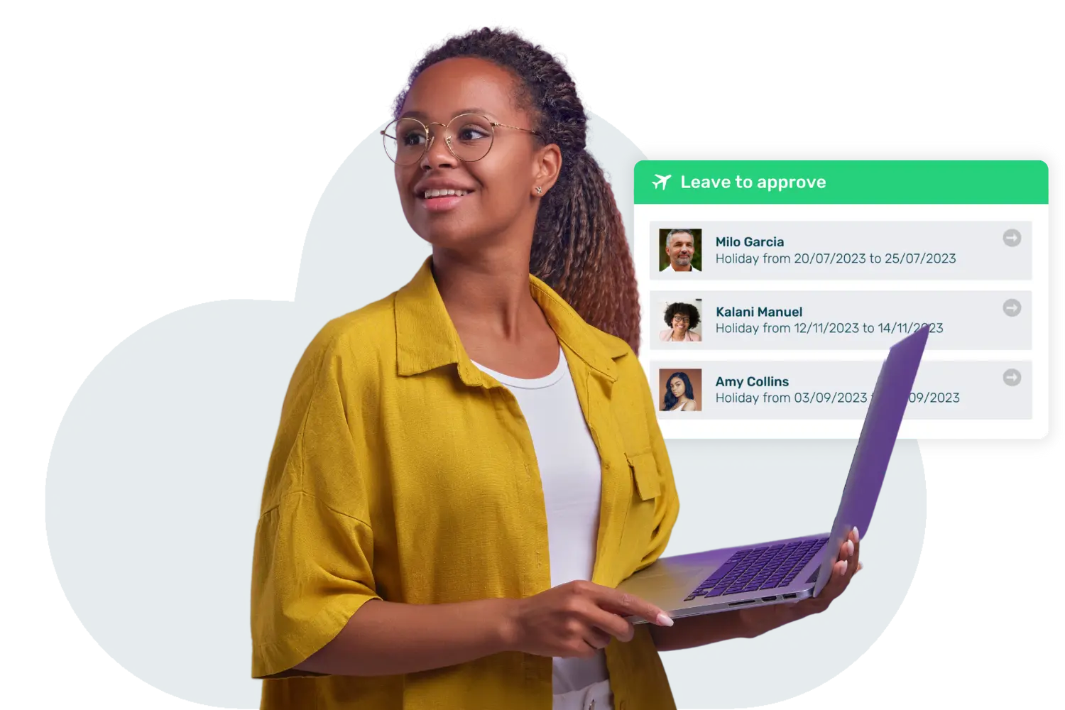 Lady smiling over her shoulder with a yellow shirt on holding a laptop with a notification from Breathe's software showing upcoming leave to approve