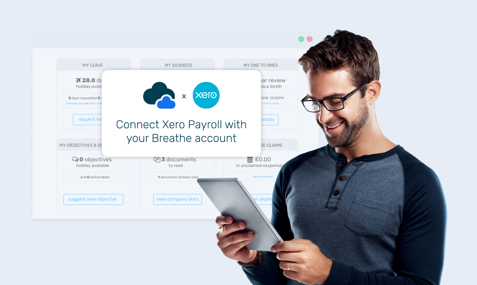 Man holding tablet with Xero Payroll graphic